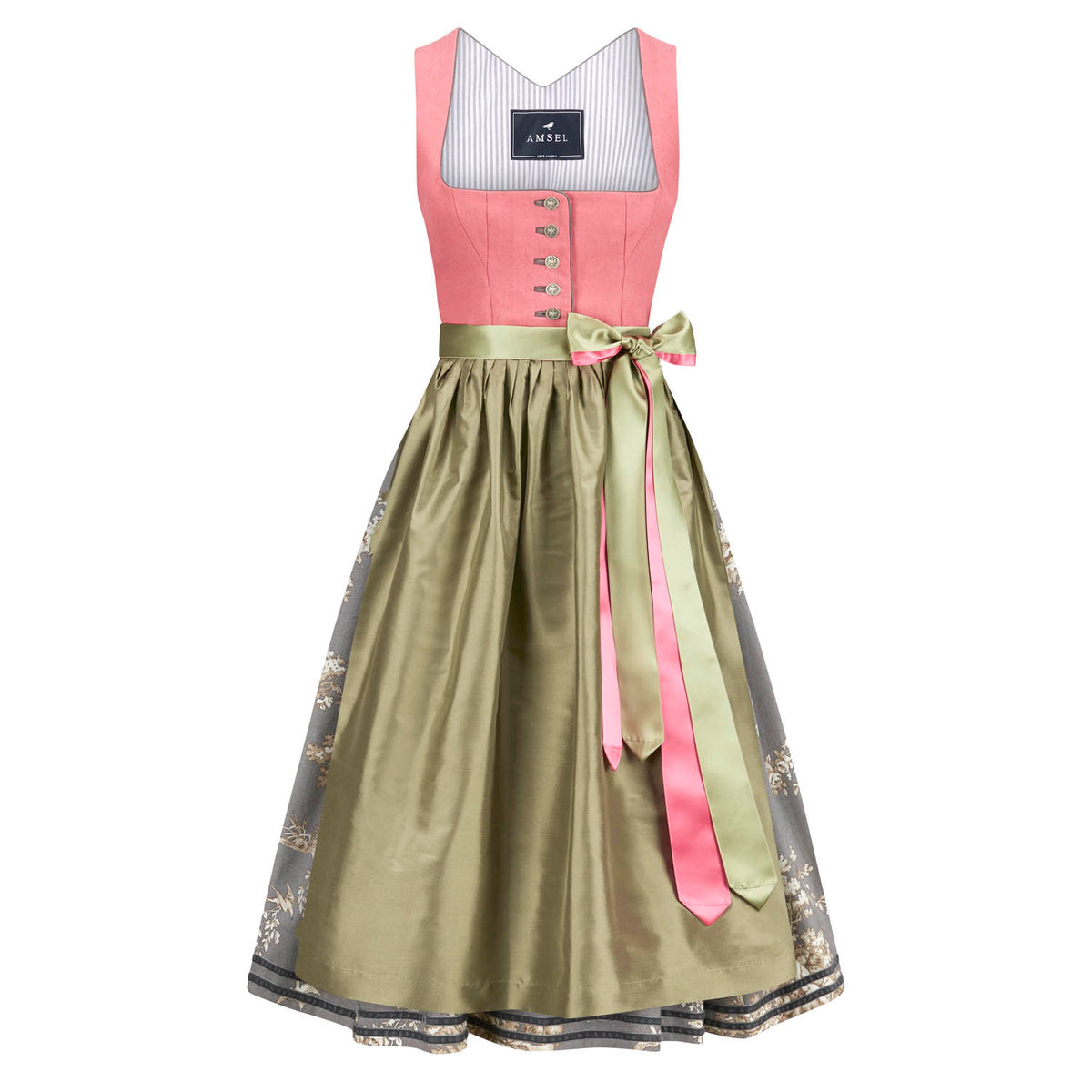 Dirndl Greta Limited Edition – Midi-Dirndl mit Leinenmieder in Lachs und Toile de Jouy Rock in Grauton,Khaki Siedenschürze Vorderansicht