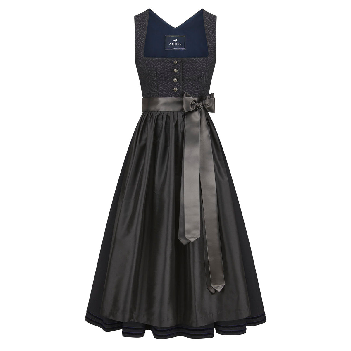 Dirndl Matilda Dark Navy – langes Dirndl in tiefem Dunkelblau mit Stretch-Mieder und feinem Navymuster