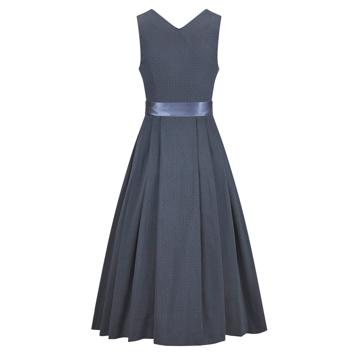 Dirndl Elisa Blaugrau – Rückansicht des langen Dirndls in Blaugrau mit Jacquard-Muster
