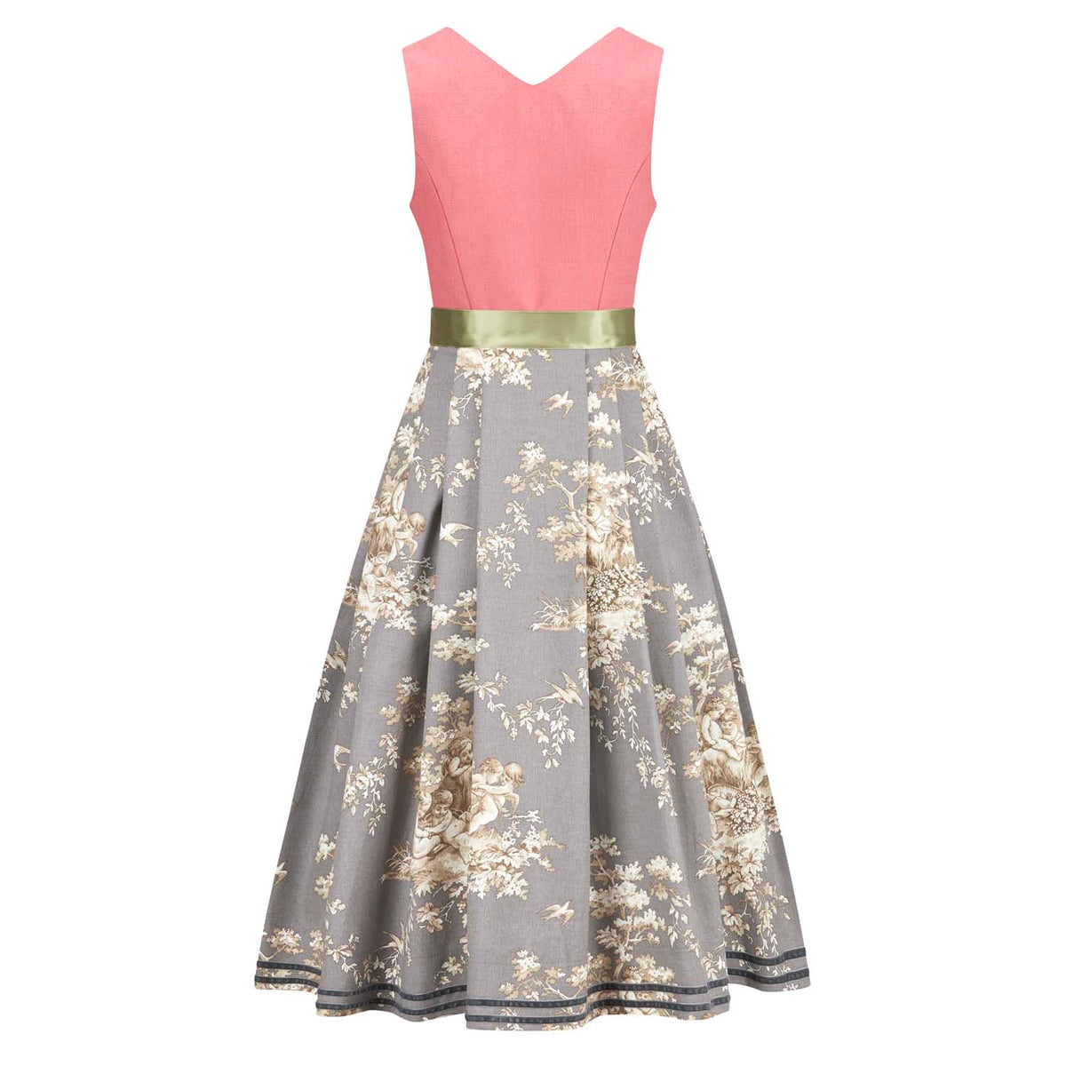 Dirndl Greta Limited Edition – Rückansicht des Midi-Dirndls mit Toile de Jouy Muster in Grauton