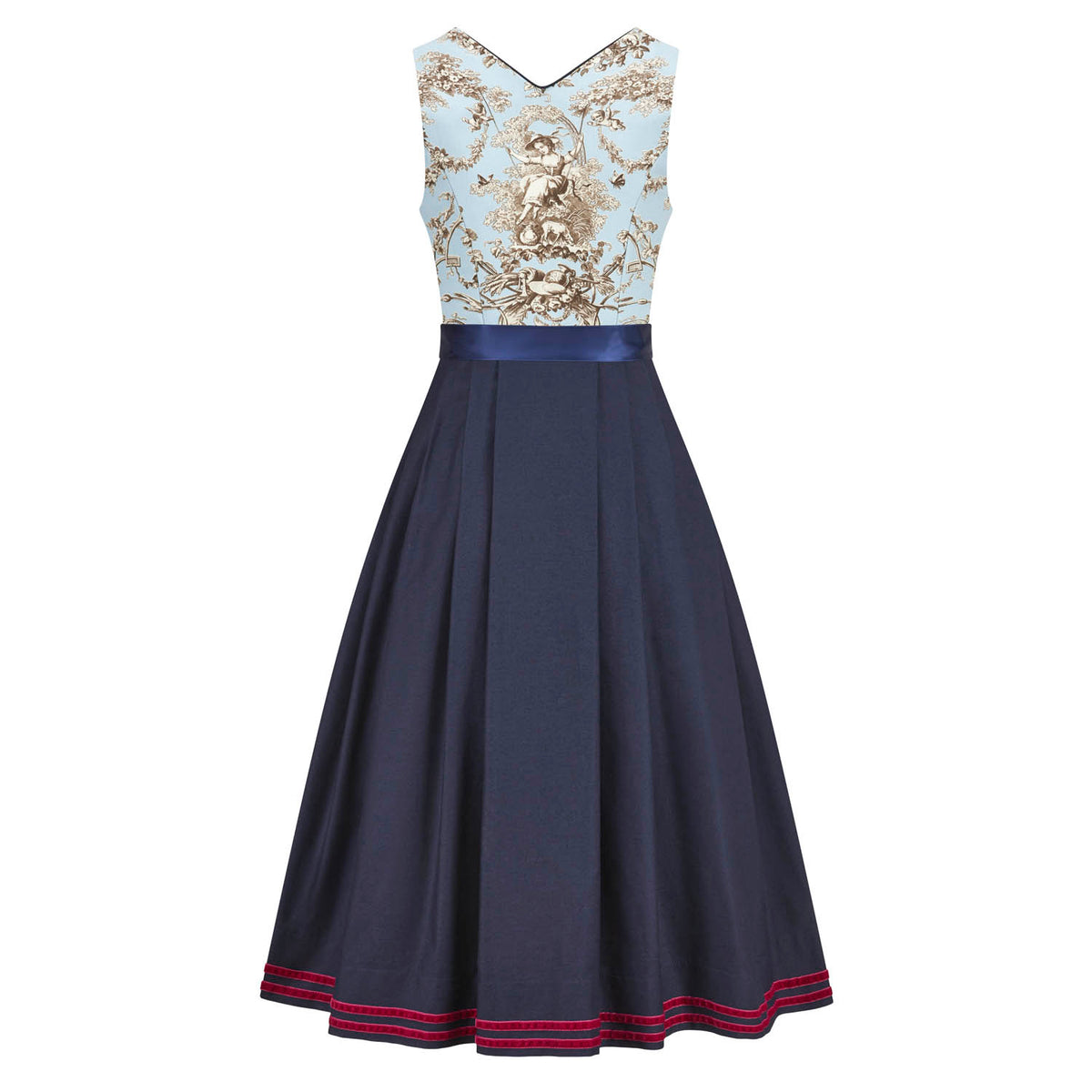 Dirndl Lilly Limited Edition – Rückansicht des Midi-Dirndls mit Toile de Jouy Muster