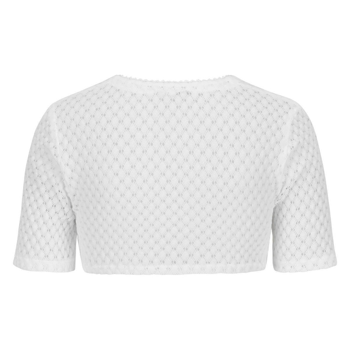 Rückansicht der Dirndlbluse Aurelia aus feiner Stretch-Spitze mit zartem Muster und kurzen Ärmeln in Weiß.