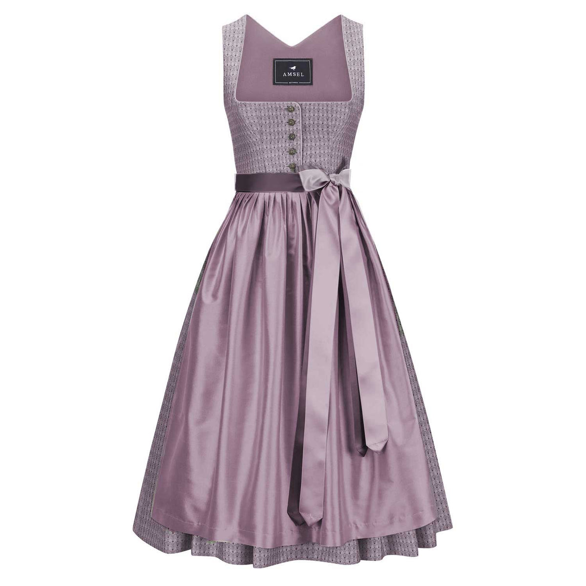 Dirndl Frida Mauve – Midi Dirndl mit gemustertem Mieder und Seidenschürze