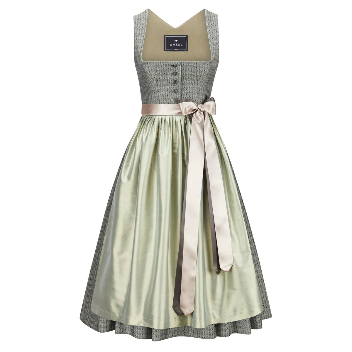 Midi Dirndl Frida Salbei mit gemustertem Mieder und Seidenschürze