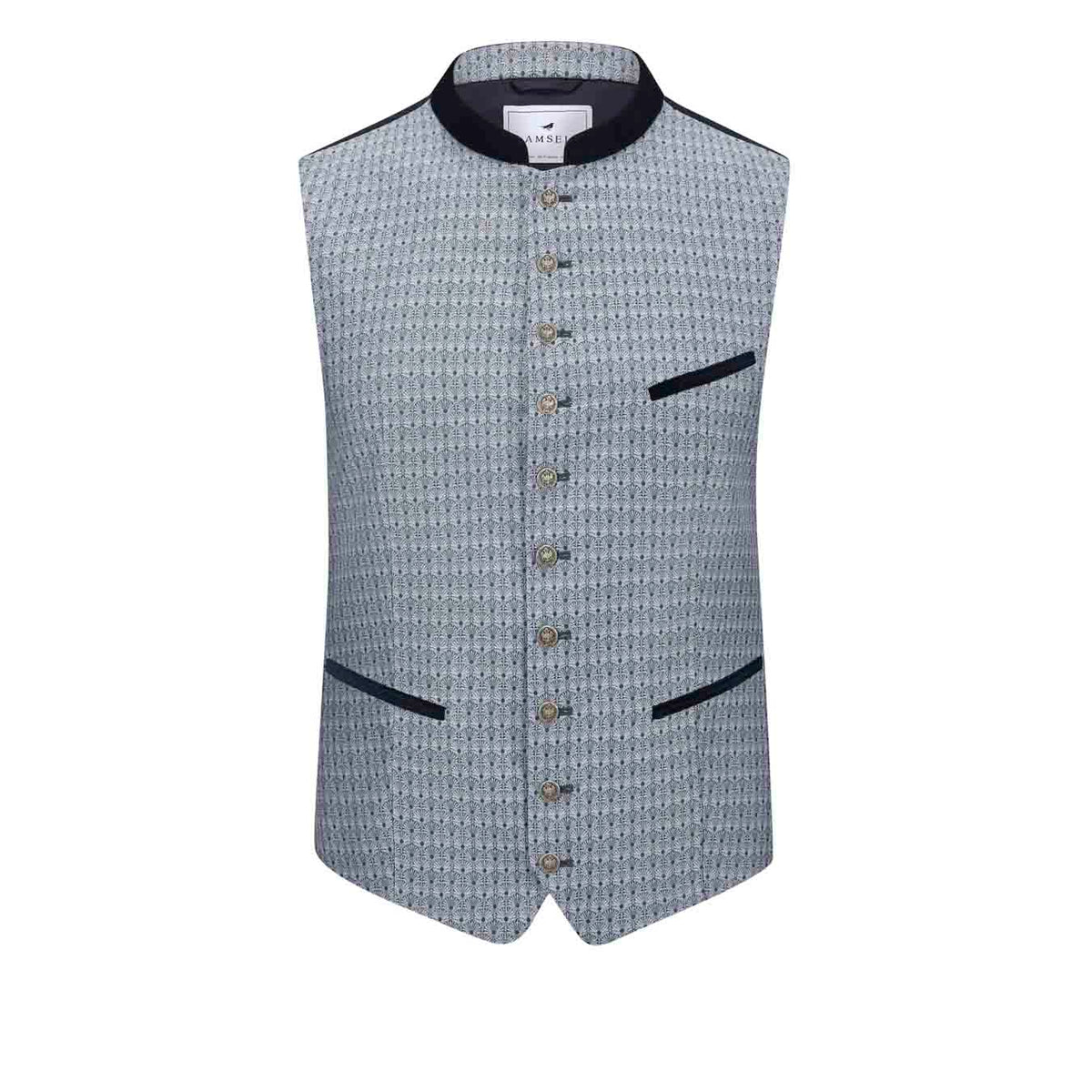 Trachtenweste Fridolin Blau mit feinem Muster, Samtblauem Kragen und Paspel, elegant und zeitlos