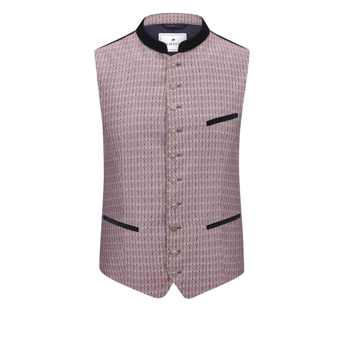 Trachtenweste Fridolin Mauve mit besonderem Muster, Samtblauem Kragen und Paspel, elegante Hochzeitsweste