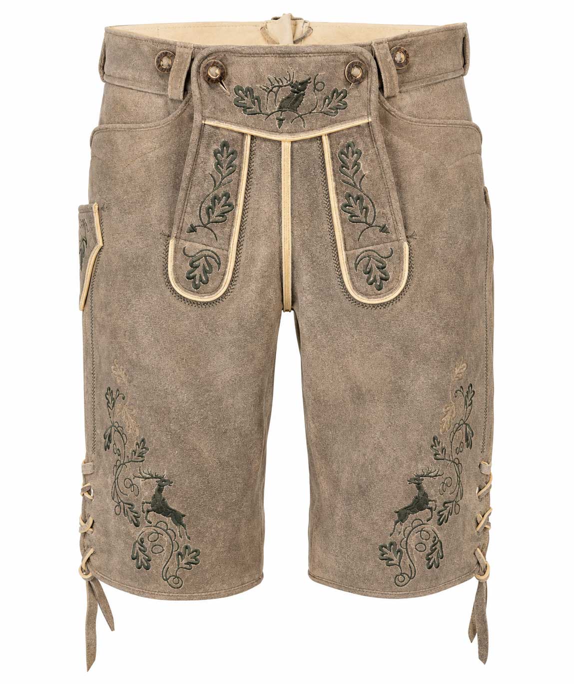 Graubraune Hirschlederhose mit dunkler Hirsch- und Eichenlaubstickerei, heller Paspelierung, seitlichen Lederbändern und traditionellem Hosenlatz auf weißem Hintergrund.