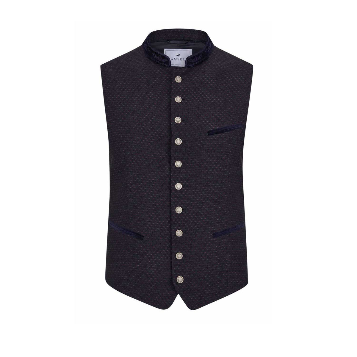 Dunkelblaue Trachtenweste aus fein strukturiertem Stoff mit dezentem Aubergine Muster, Stehkragen, dunkelblauen Samtdetails, silberfarbenen Knöpfen und drei Paspeltaschen.
