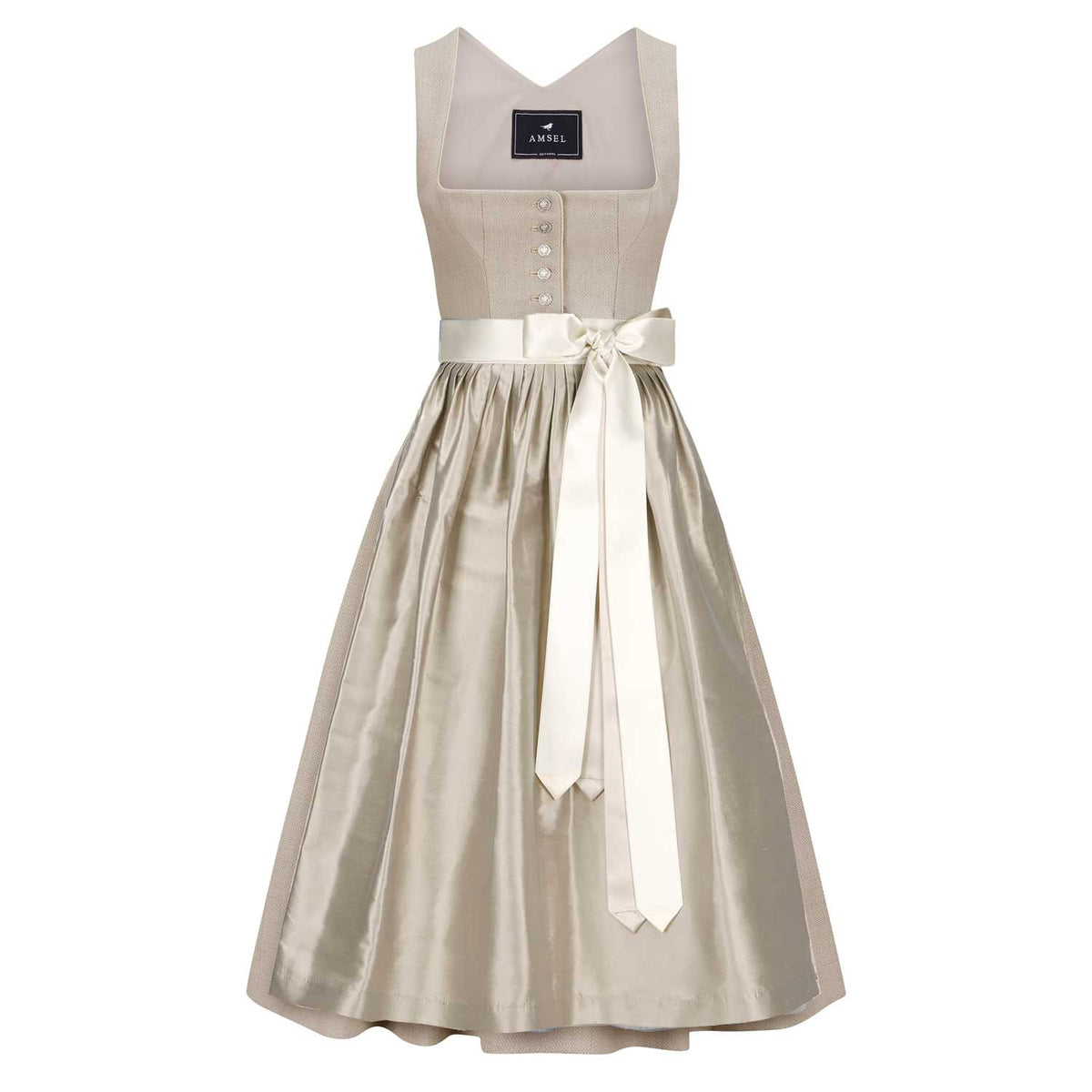 Elegantes Amsel Hochzeitsdirndl in Naturtönen mit tailliertem Mieder, Knopfleiste, schön fallendem Rock und cremefarbener Schürze