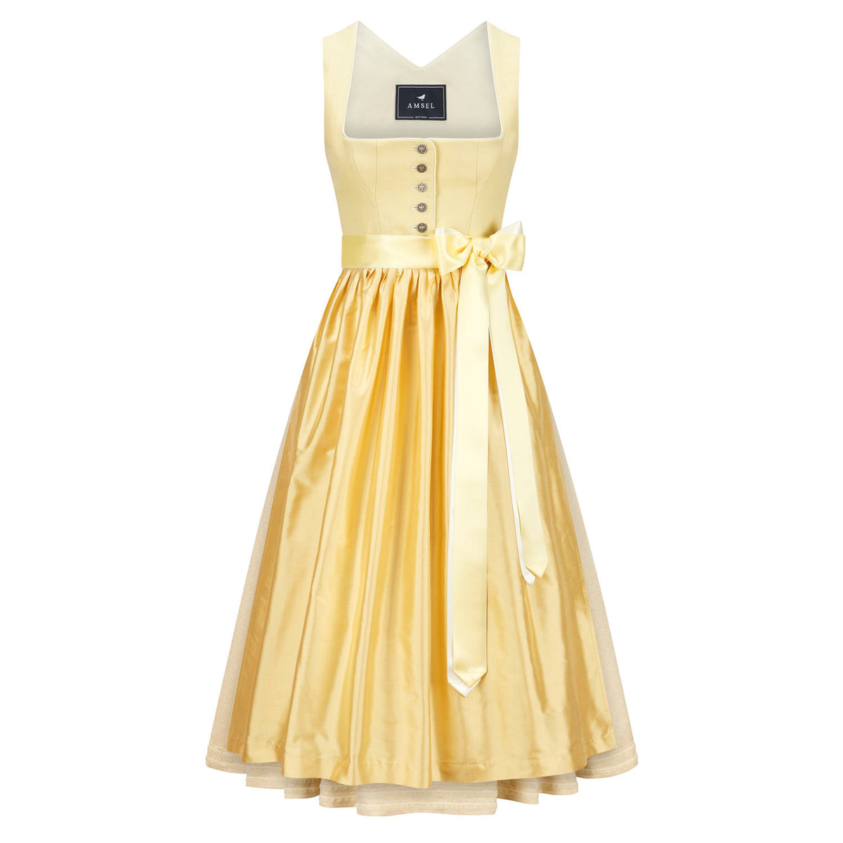 Leinendirndl Irmi Buttergelb von Amsel mit Leinenmieder und Dupionseiden-Schürze