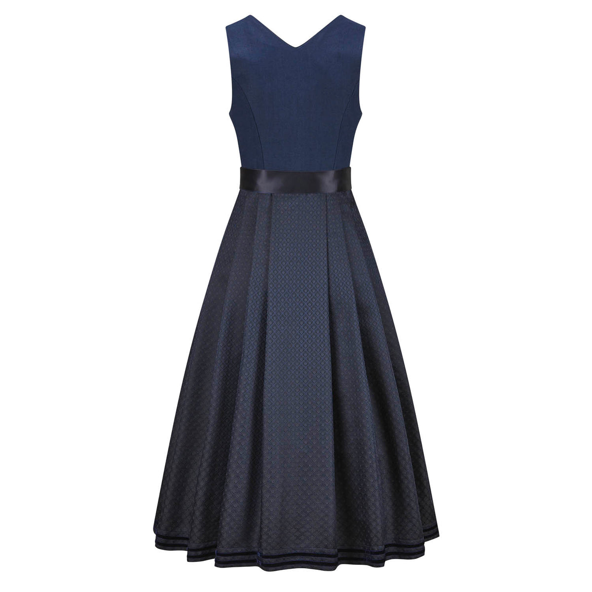Klassisches Leinendirndl Navy mit zweifarbigen Satinbändern in Rückenansicht