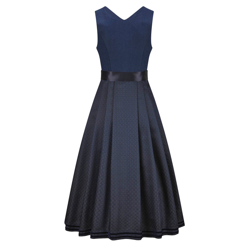 Klassisches Leinendirndl Navy mit zweifarbigen Satinbändern in Rückenansicht