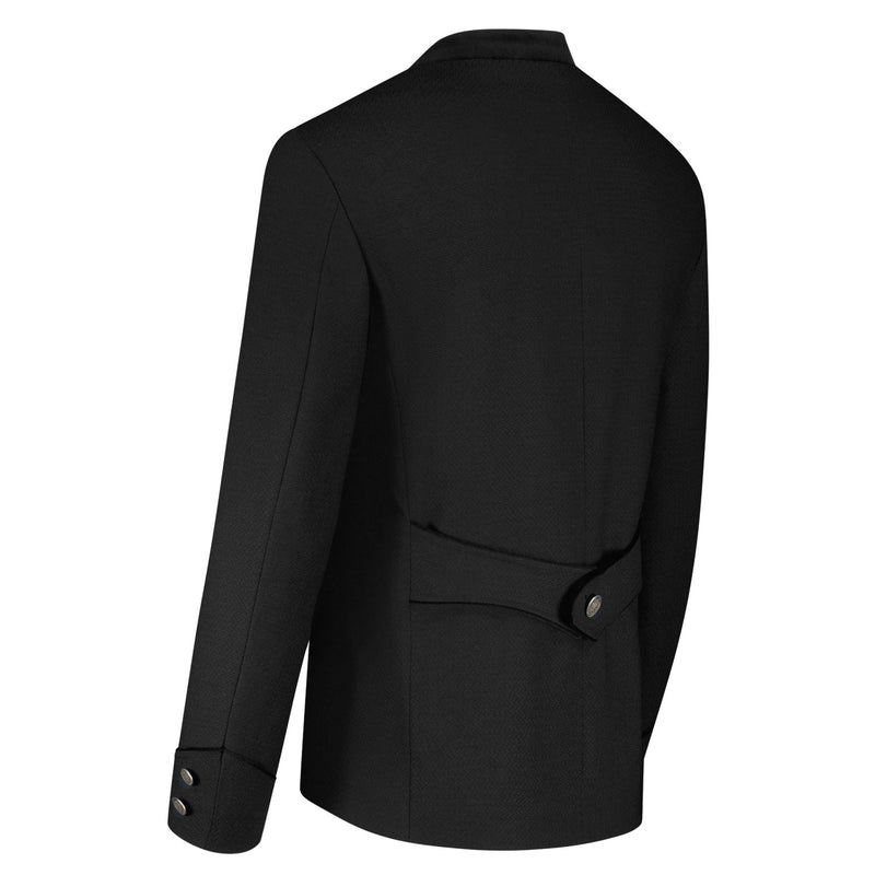 Schwarzer Amsel Janker in Rückansicht mit taillierter Silhouette, verstellbarem Rückenriegel und silbernem Knopfdetail