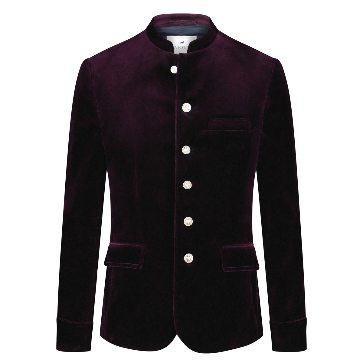 Janker Bogenhausen in Aubergine – eleganter Herren-Trachtenjanker aus Stretch-Samt in sattem Dunkellila mit Samtkragen und Münzknöpfen