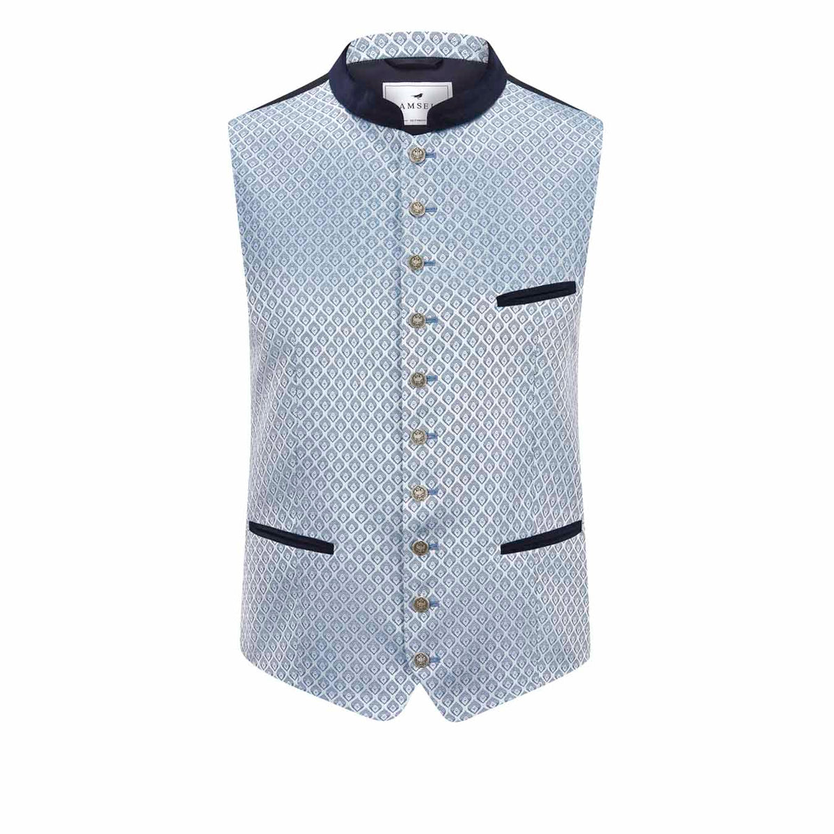 Trachtenweste Johann Silberblau mit feinem grafischem Muster, Samtkragen und Samtpaspeln, elegante Herrenweste mit Stretch von Amsel Fashion