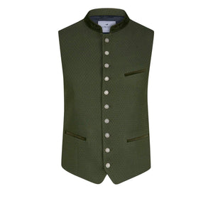 Olivfarbene Trachtenweste mit Muster, besticktem Samtkragen und silbernen Münzknöpfen – elegante Vorderansicht