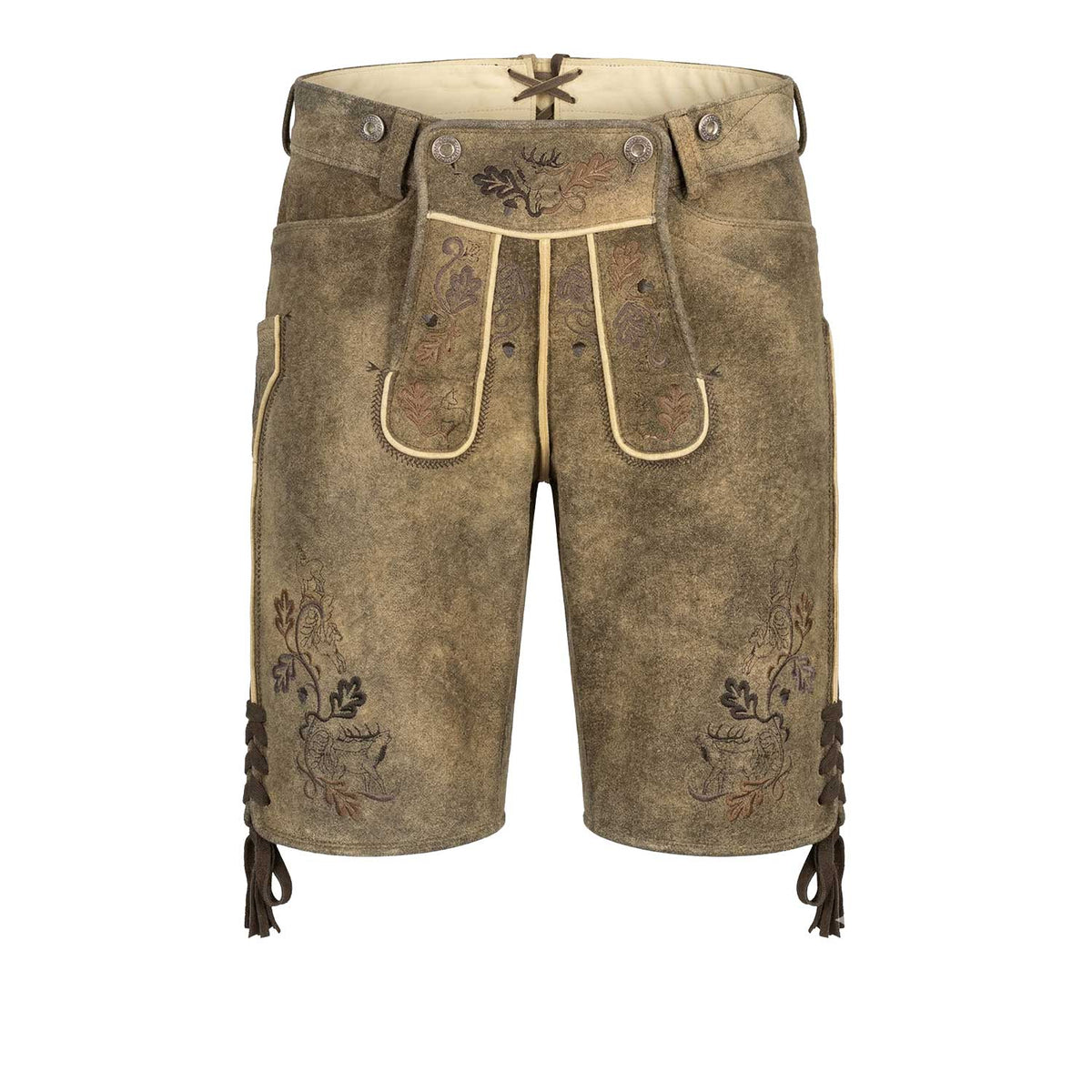Hirschlederhose braun mit mehrfarbiger Stickerei und Hirschmotiv