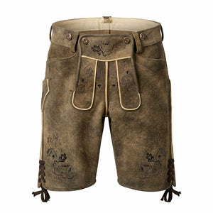 Hirschlederhose braun mit mehrfarbiger Stickerei und Hirschmotiv