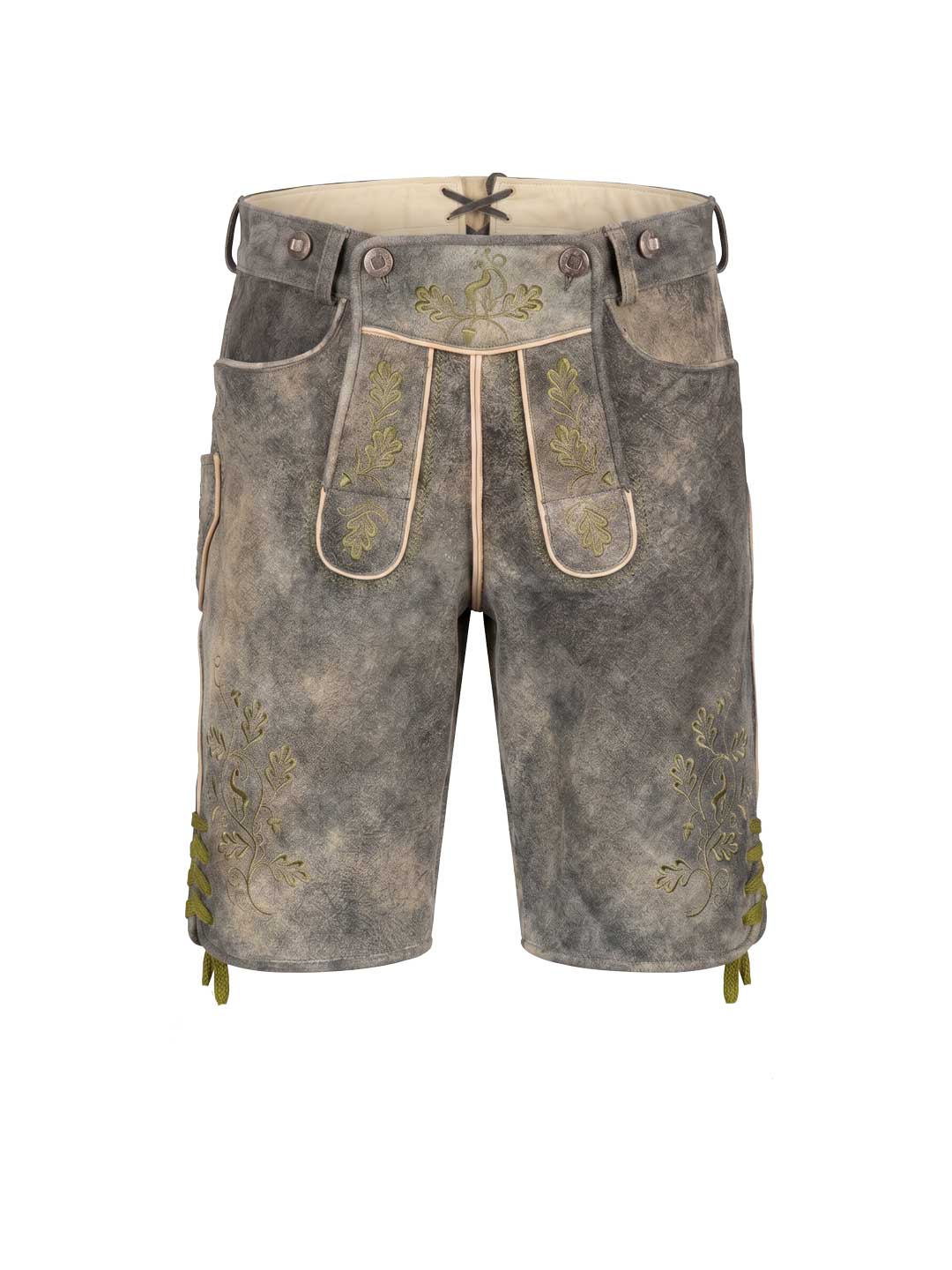 Lederhose Emil in Graubraun mit hellgrüner Stickerei aus Ziegenleder