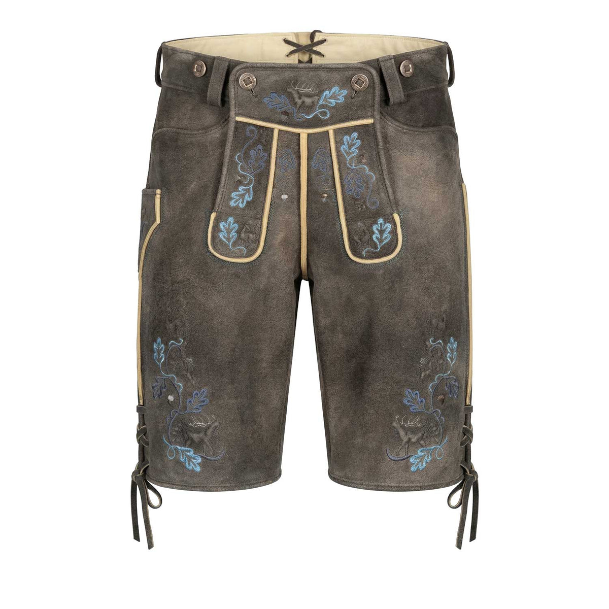 Hirschlederhose Herren braun mit blauer Stickerei