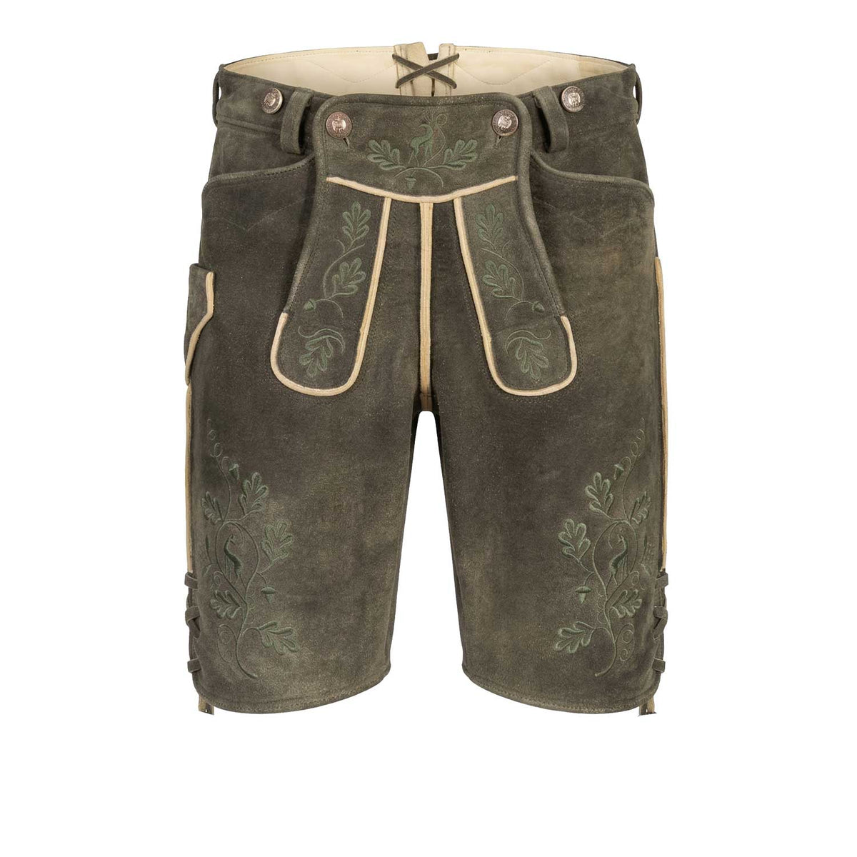 Hirschlederhose in Dunkelbraun mit grünen Stickereien und Hornknöpfen