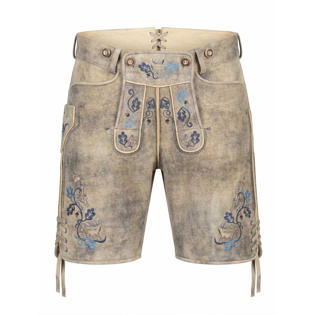 Lederhose Vincent hell mit blauer Stickerei