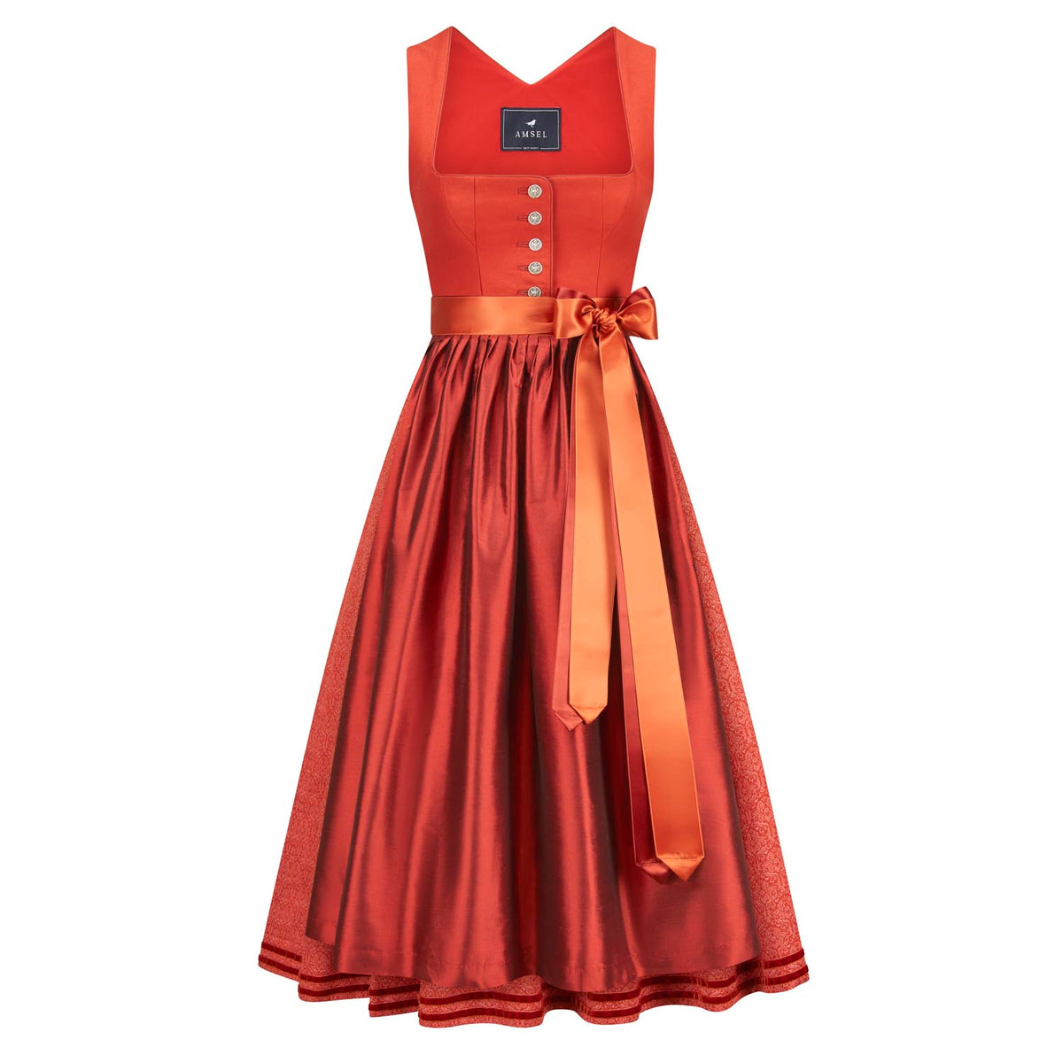 Dirndl Maya Orange – langes Dirndl in leuchtendem Orange mit Baumwollmieder und Seidenschürze
