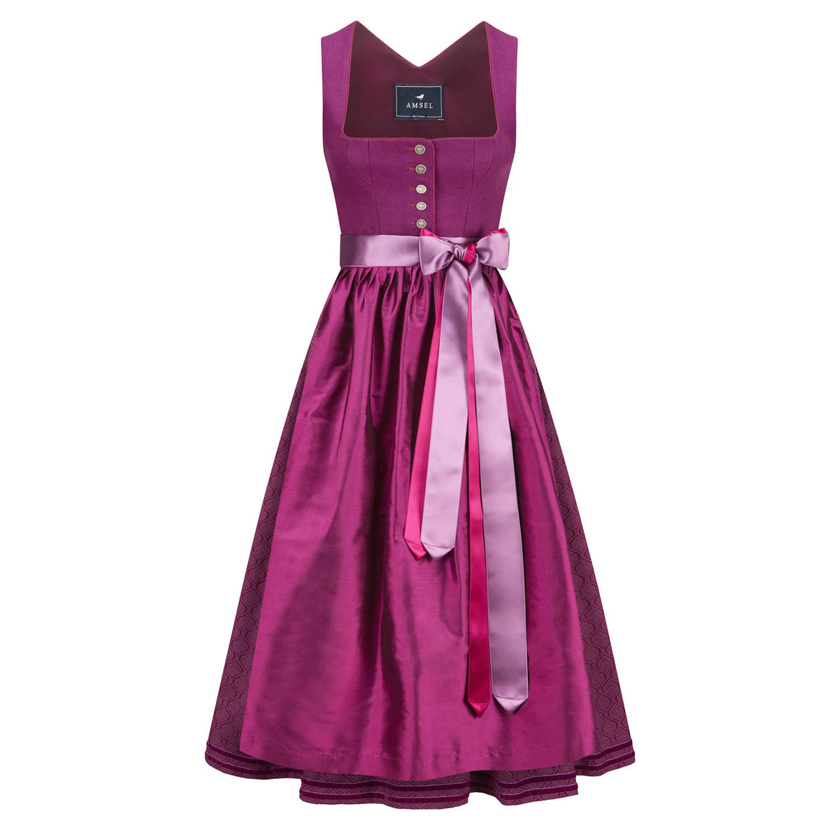 Leinendirndl Nele Beere lang – langes Dirndl in Beere mit Leinenmieder und Dupionseide-Schürze, Vorderansicht
