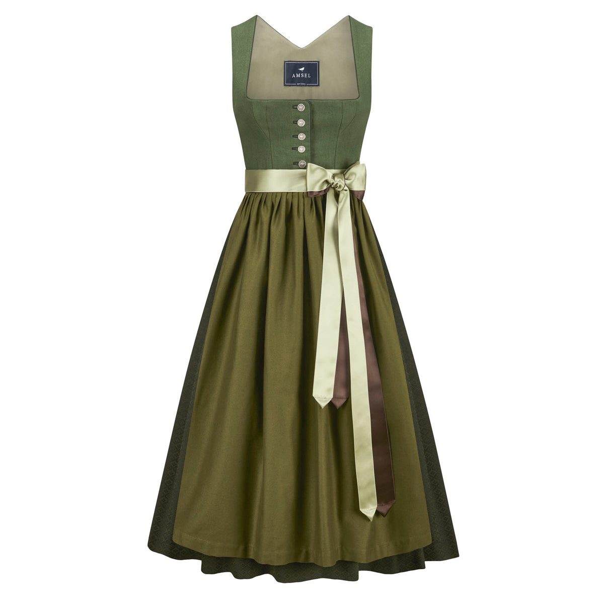 Leinendirndl Theresa Oliv – langes Dirndl in sattem Olivgrün mit Leinenmieder und gemustertem Rock