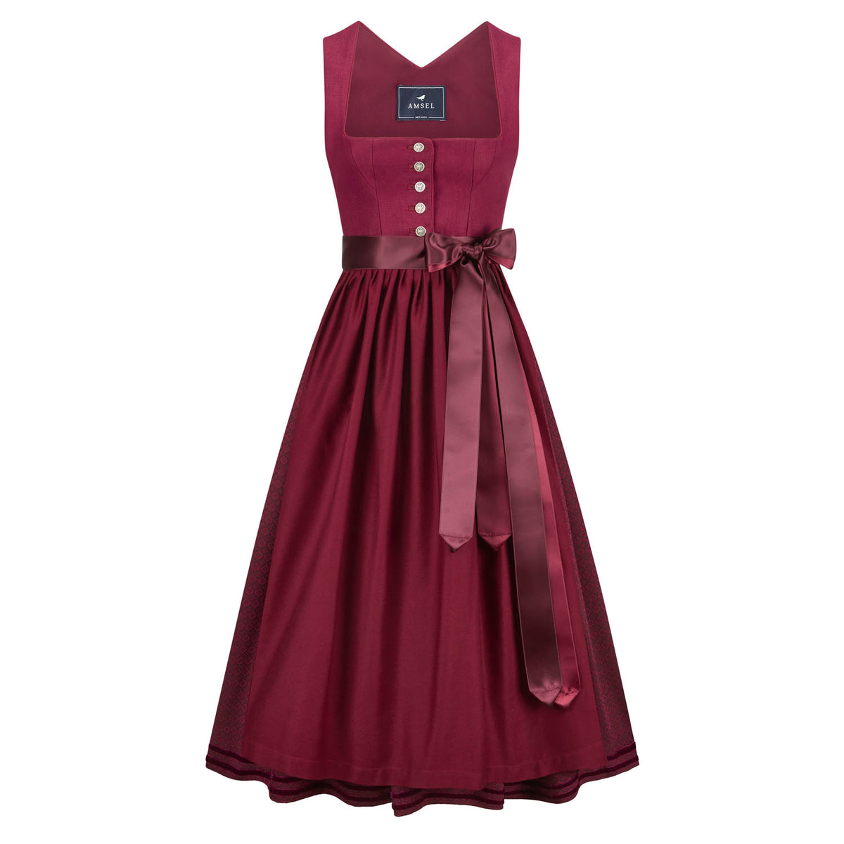 Leinendirndl Theresa Rot – langes Dirndl in leuchtendem Rot mit Leinenmieder und gemustertem Rock