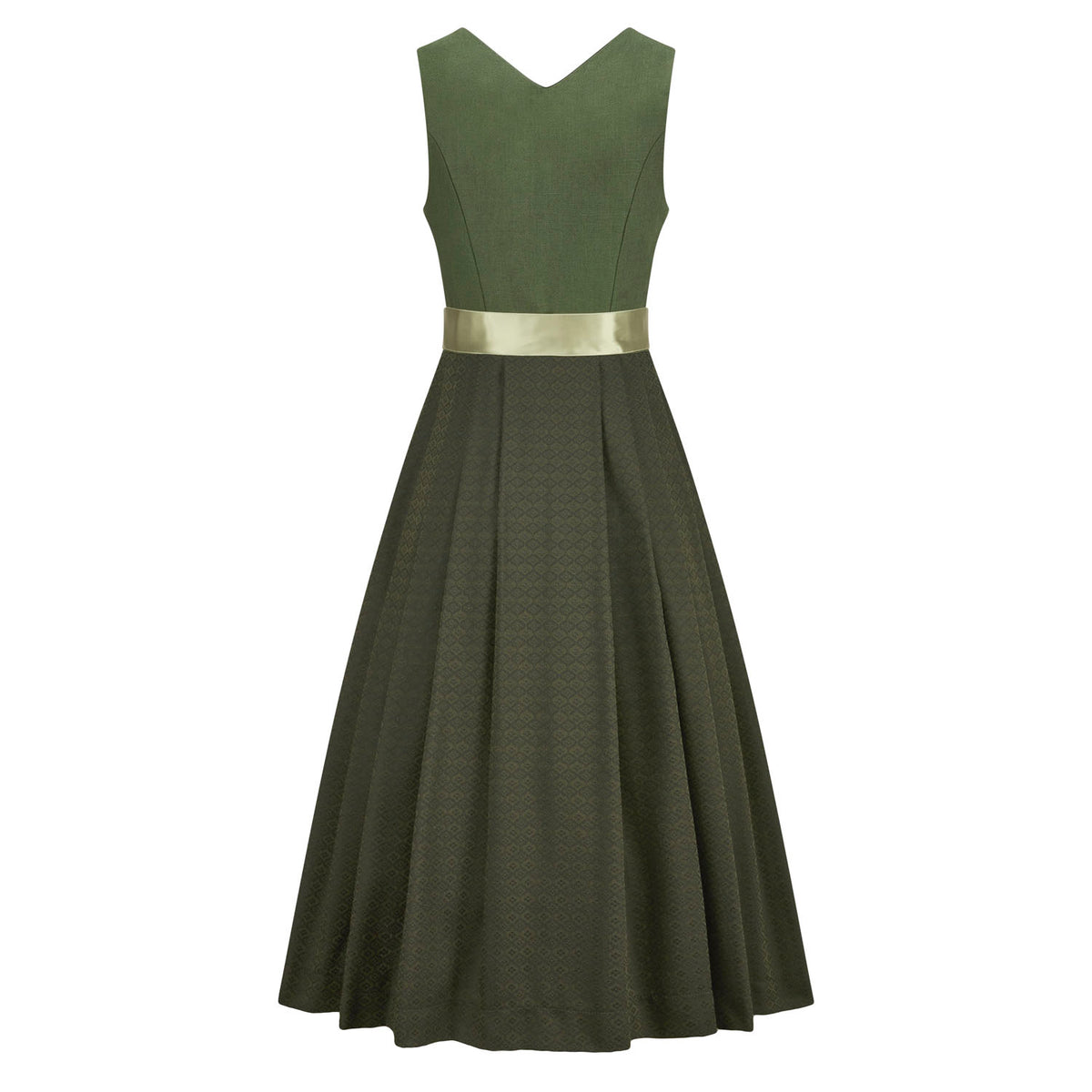 Leinendirndl Theresa Oliv – Rückansicht des langen Dirndls in Olivgrün