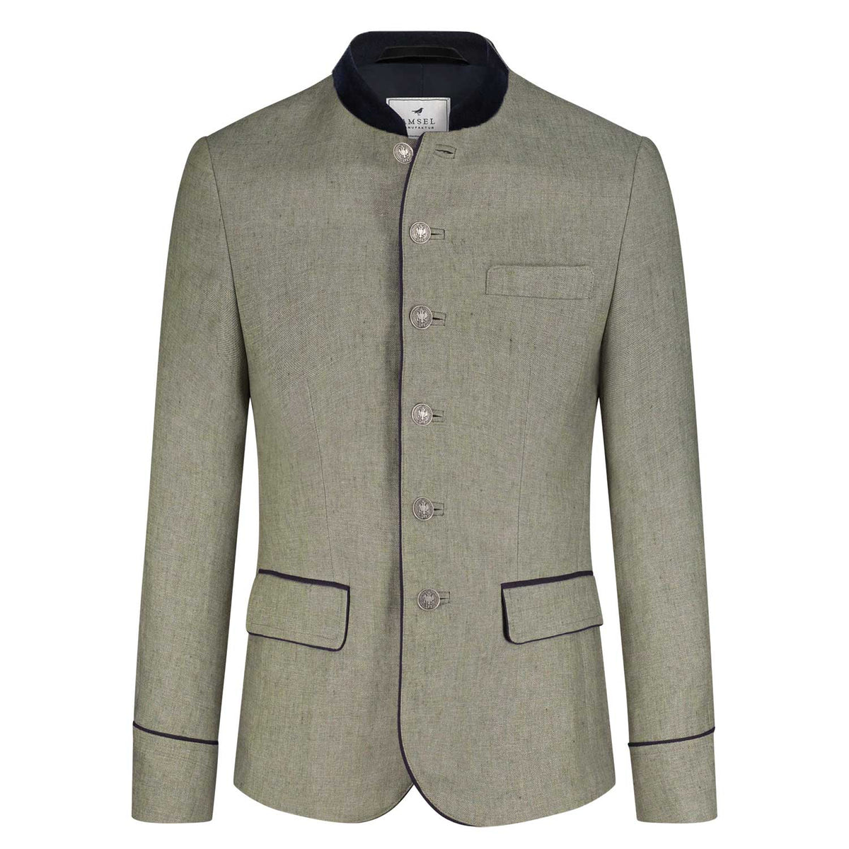 Leinenjanker in Schil mit blauem Samtkragen, taillierter Herrenjanker aus leichtem Leinen, klassisch-elegant von Amsel Fashion