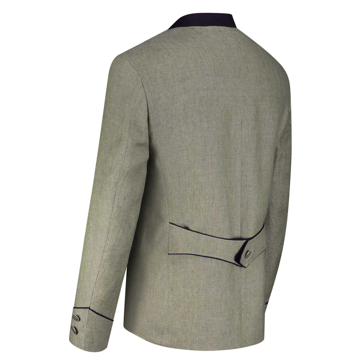 Rückansicht Leinenjanker in Olivgrün mit blauem Samtkragen, taillierter Herrenjanker mit verstellbarem Riegel, Amsel Fashion