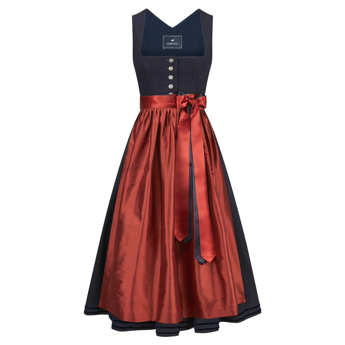 Lodendirndl Paula Blau – langes Dirndl in tiefem Blau mit Lodenmieder aus Merinowolle und Seidenschürze