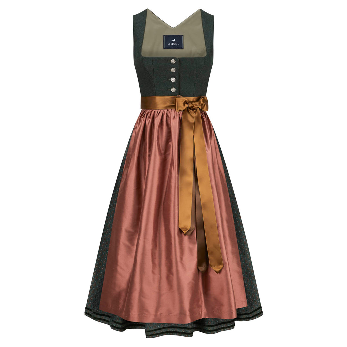 Lodendirndl Paula Tanne – langes Dirndl in sattem Tannengrün mit Lodenmieder aus Merinowolle und Seidenschürze
