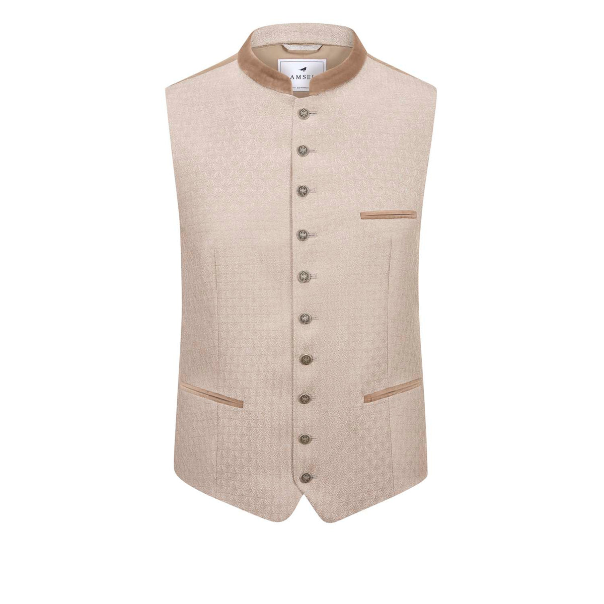 Trachtenweste Niklas Beige in Creme-Beige mit Samtkragen, elegante Hochzeitsweste mit feinem Muster
