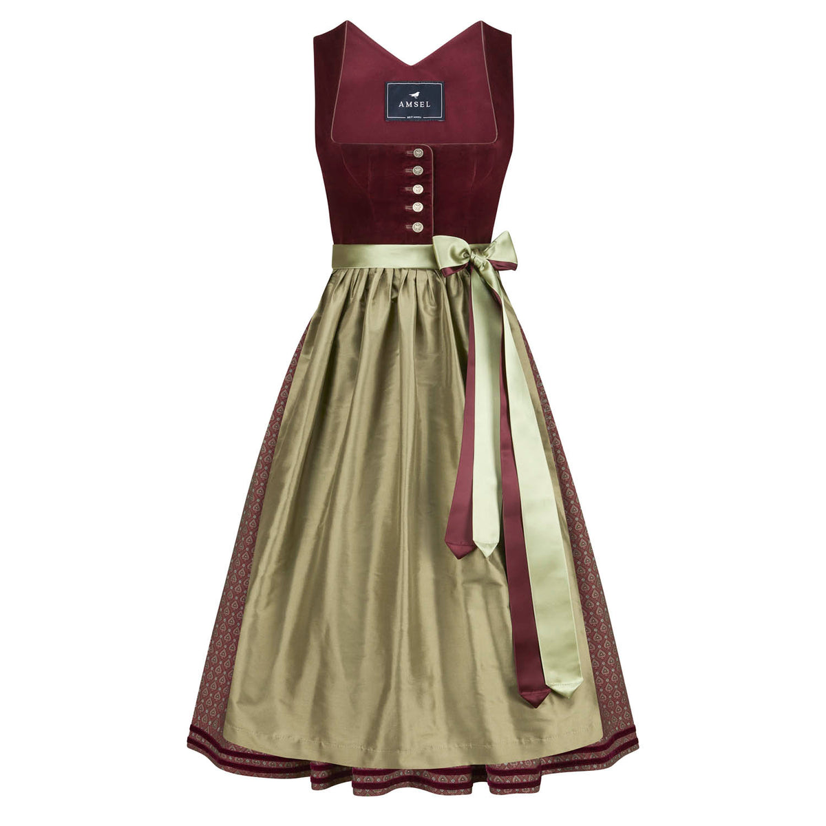 Samtdirndl Mila Bordeaux – langes Dirndl in tiefem Bordeauxrot mit Samtmieder und Seidenschürze