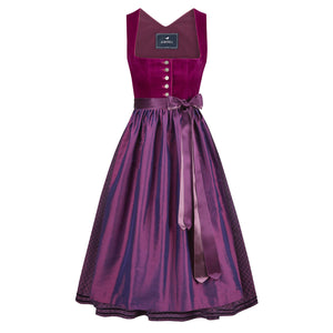 Samtdirndl Sophia Beere – langes Dirndl in tiefem Beerenrot mit Samtmieder und Schürze, Vorderansicht