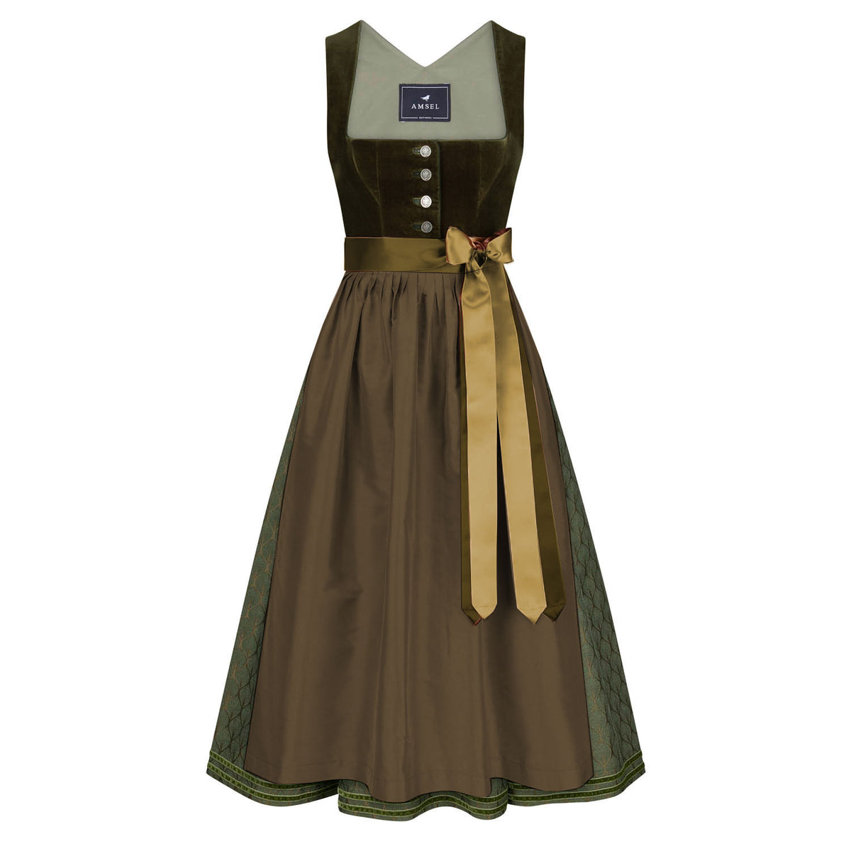 Samtdirndl Olivia Olivgrün – langes Dirndl mit Samtmieder in Olivgrün und Seidenschürze, Vorderansicht