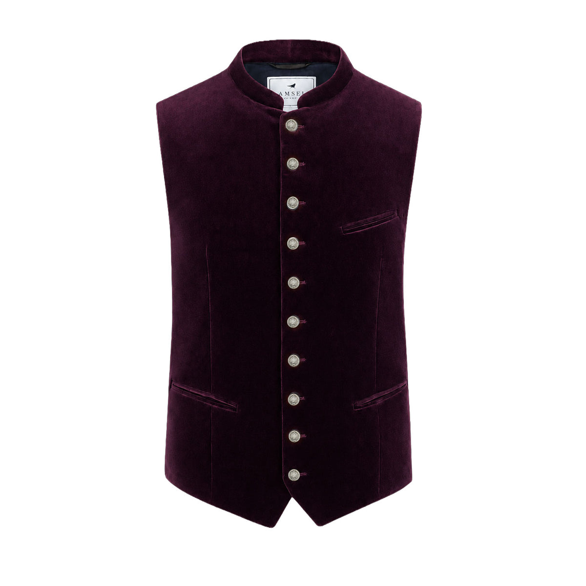 Samtweste in Aubergine – elegante Herren-Trachtenweste aus Samt in dunklem Lila, traditionelles Trachtenmode-Design