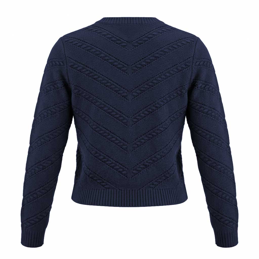 Dunkelblaue Strickjacke mit durchgehendem diagonalen Zopf- und Strukturstrick auf der Rückseite und geripptem Saum.