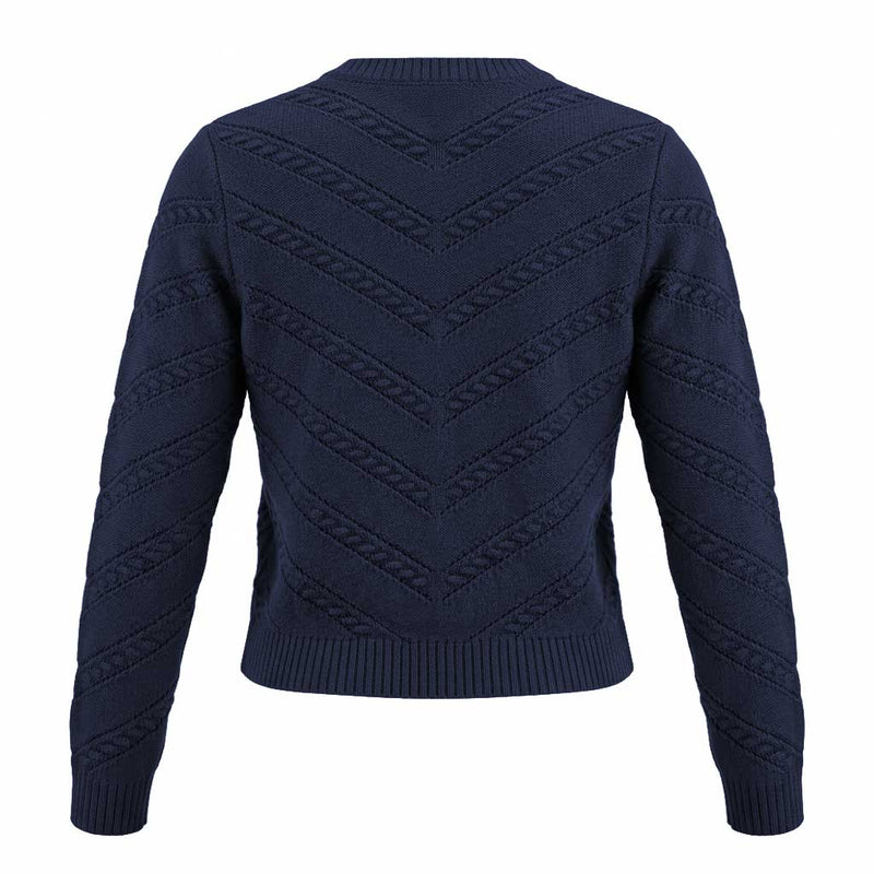 Dunkelblaue Strickjacke mit durchgehendem diagonalen Zopf- und Strukturstrick auf der Rückseite und geripptem Saum.