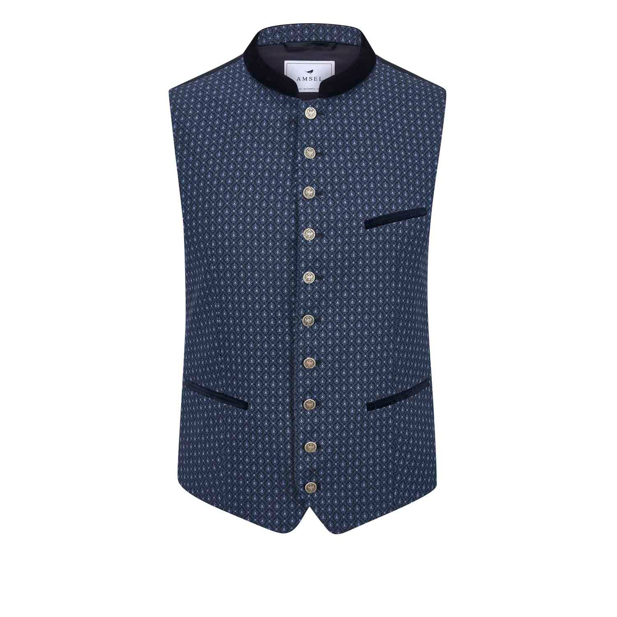 Trachtenweste Tim Blau mit feinem Muster, Samtkragen und Samtpaspeln, elegante Herrenweste mit Stretch von Amsel Fashion