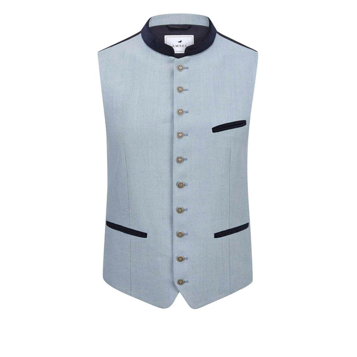 Leichte Trachtenweste Weilheim Blaugrau aus Leinen mit Samtkragen und blauer Paspel, sommerlich und elegant