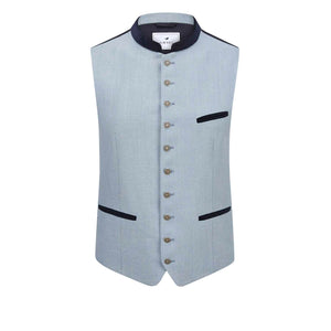 Leichte Trachtenweste Weilheim Blaugrau aus Leinen mit Samtkragen und blauer Paspel, sommerlich und elegant