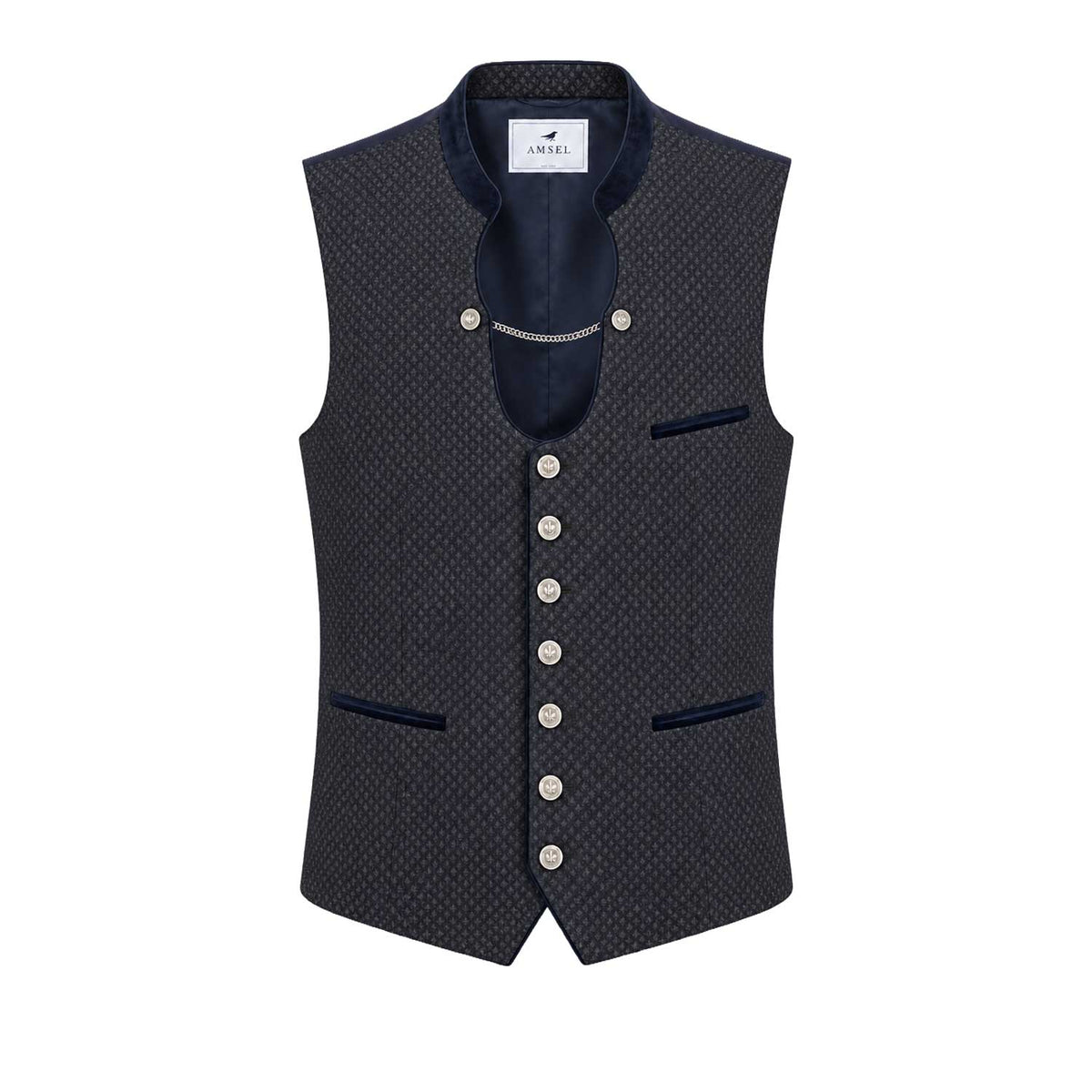 Herren-Trachtenweste Alois in Dark Navy mit feinem Webmuster, Samtbesatz, silberfarbenen Knöpfen und Kette.