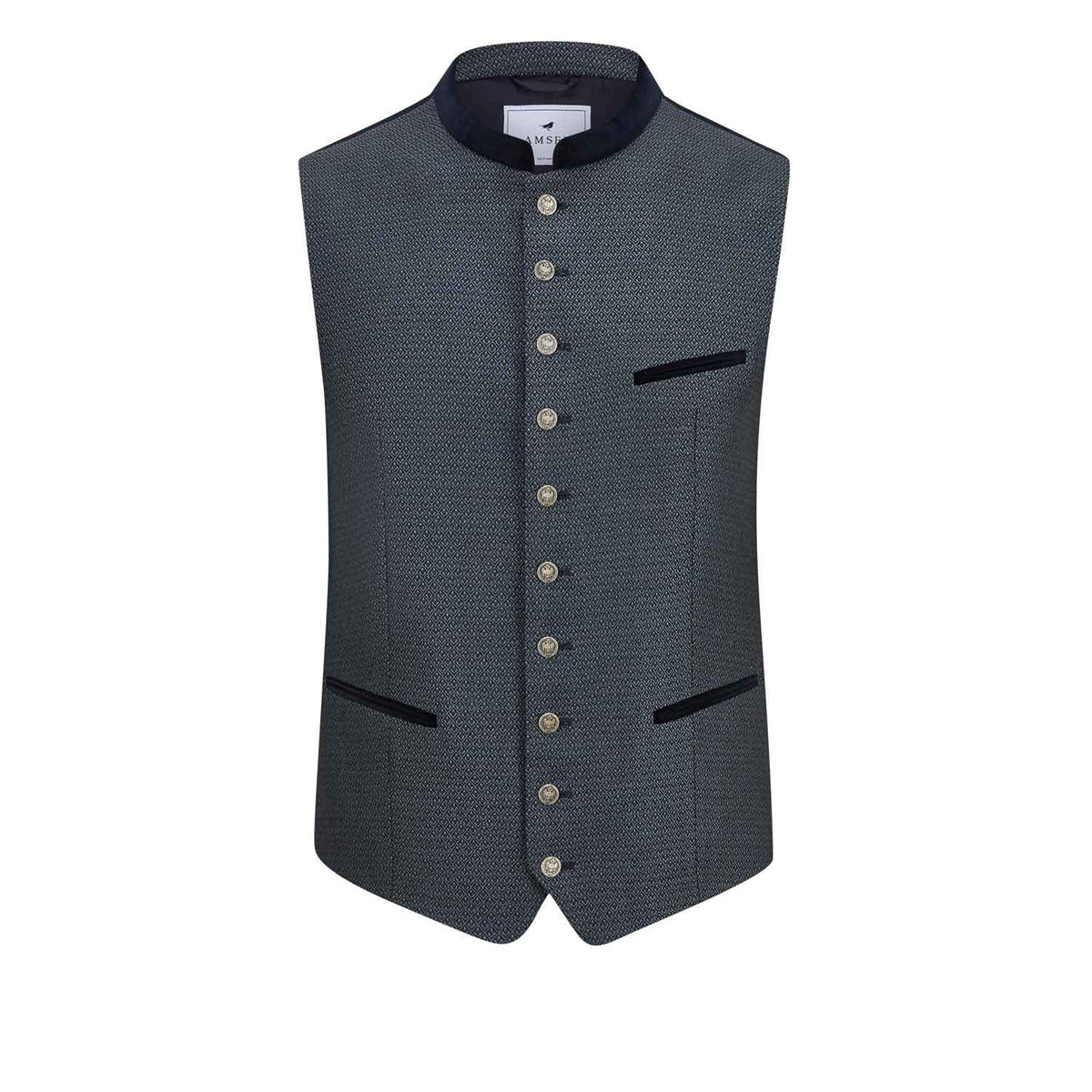 Trachtenweste Anselm Denim – Herren-Trachtenweste in Blaugrau mit Rautenmuster, Samtkragen und Münzknöpfen