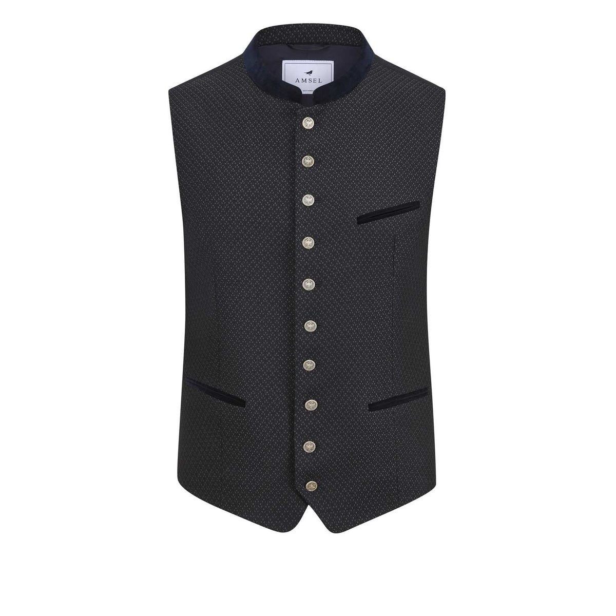 Trachtenweste Anselm Navy – Herren-Trachtenweste in Dark Navy mit Rautenmuster, Samtkragen und Münzknöpfen