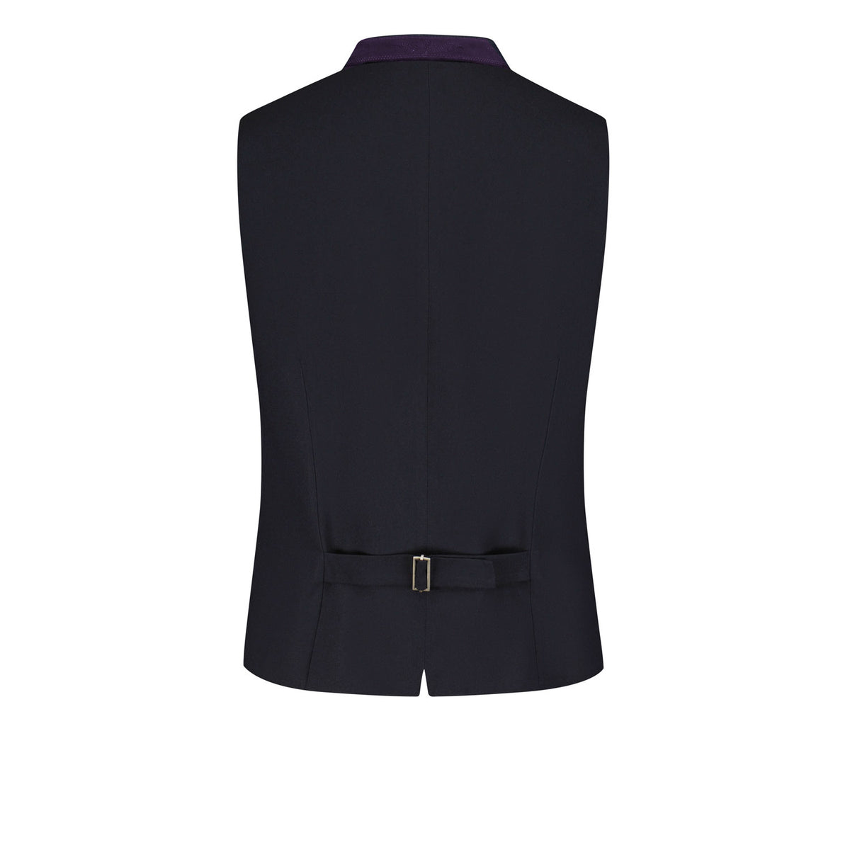Rückansicht der Trachtenweste in Dark Navy mit schwarzem Aubergine, dunkelblauem Stretchrücken und verstellbarem Rückengurt für eine optimale Passform.