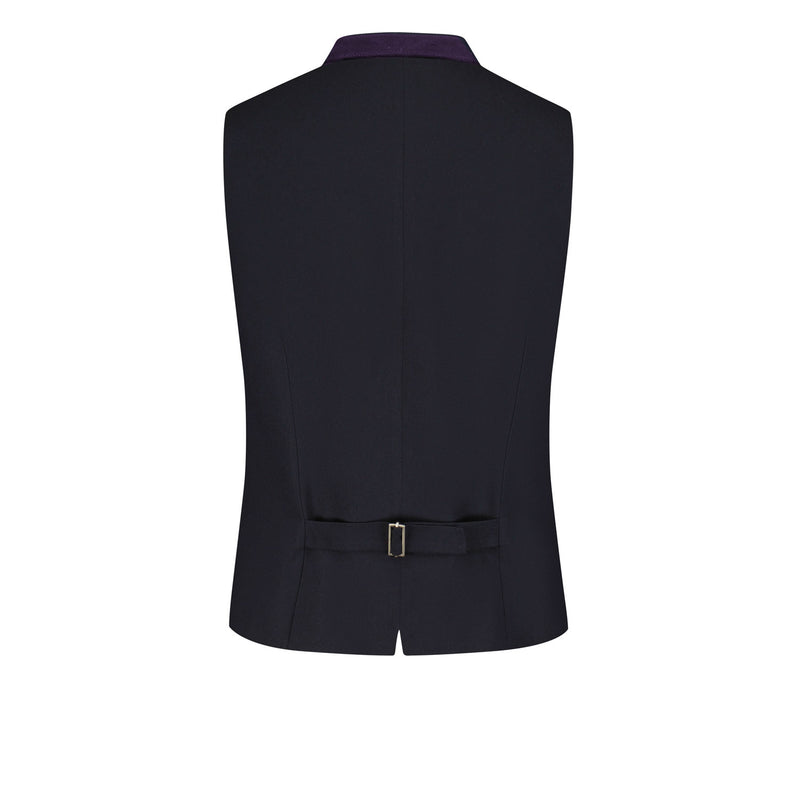 Rückansicht der Trachtenweste in Dark Navy mit schwarzem Aubergine, dunkelblauem Stretchrücken und verstellbarem Rückengurt für eine optimale Passform.